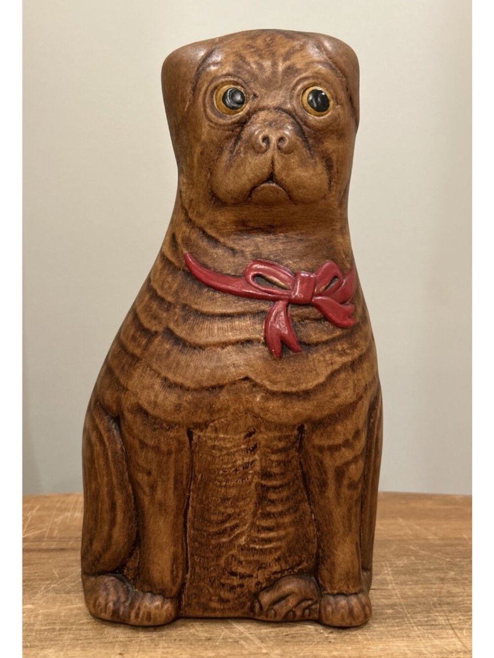 Vintage Ceramic Hand Painted Brown Sitting PUG Dog Statue Figurine Red Bow